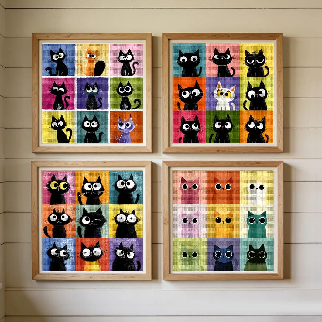 1PC 36X36cm/14.17X14.17inch,11CT Print Cross Stitch DIY Kit,Cute Black Cat Grid,Adult Beginner's Relaxed Cross Stitch Set