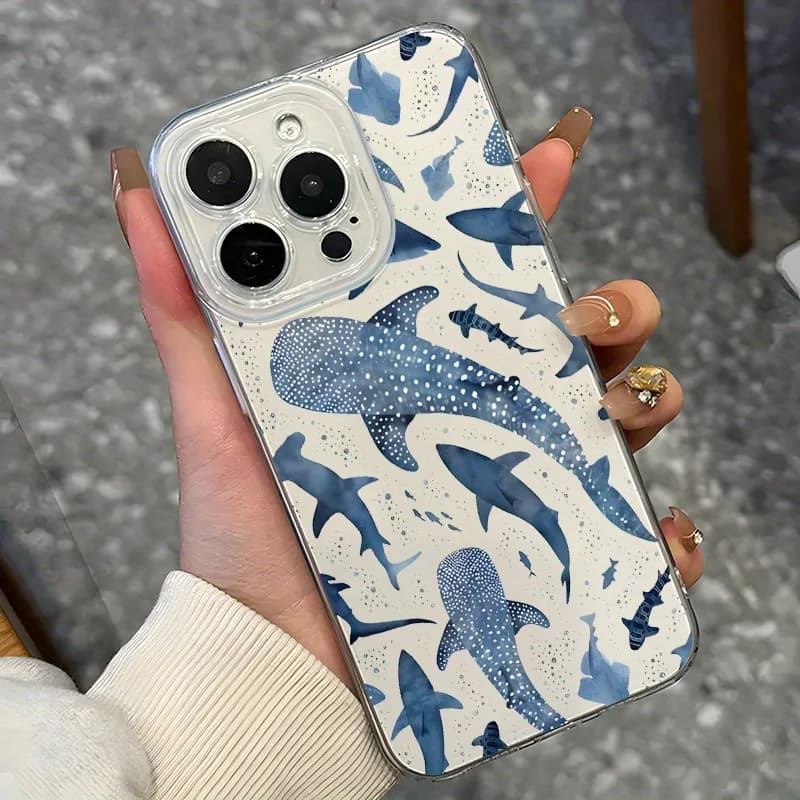 Blue Watercolor Shark Ocean Pattern Design Phone Case for iPhone 17 16 15 14 13 Pro Max 12Mini 11Pro XS XR 7 8 Plus SE Cover