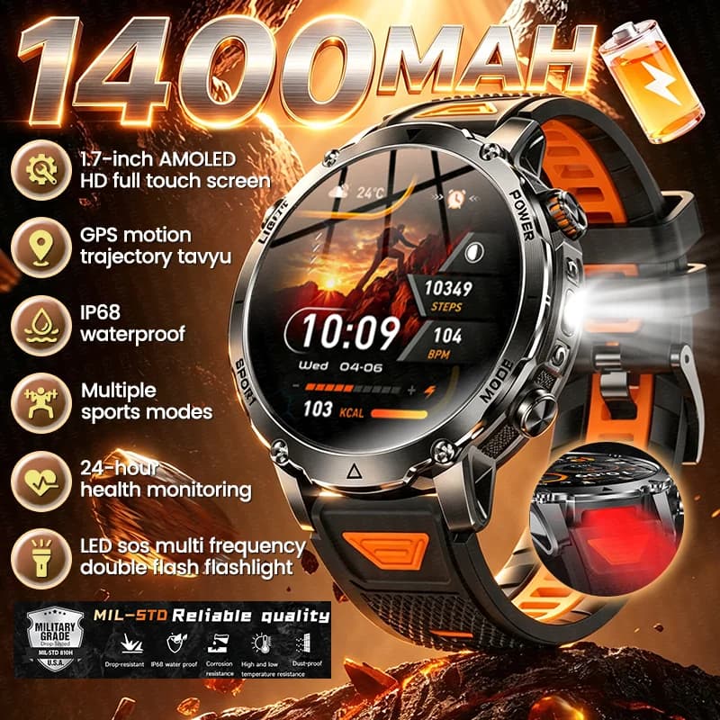 Nuovo Smartwatch Militare da Esterno con Batteria da 1400mAh, GPS, Doppia Torcia, Chiamate Bluetooth, Impermeabile IP68, Orologio Sportivo da Uomo
