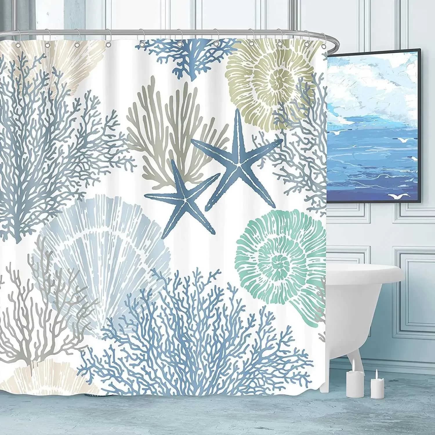 Tenda da Doccia con Coralli e Conchiglie Costiere, Stampa di Stelle Marine e Oceano, Tenda da Bagno Impermeabile in Poliestere con Ganci