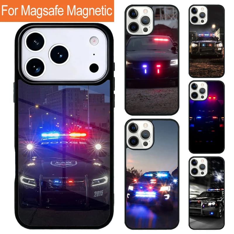 Custodia Magnetica Wireless per iPhone 17 Pro 16 15 13 12 11 Pro Max Air 14 Plus con Effetto Luce Notturna Auto della Polizia e Cover Magsafe