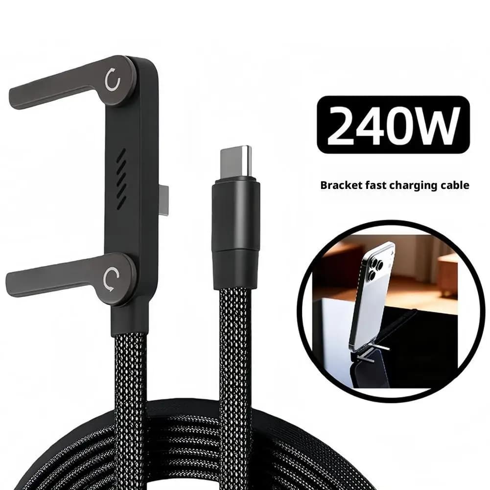 Cavo di ricarica rapida da 240 W con supporto integrato, cavo USB C piatto, cavo di ricarica ad angolo retto, cavo USB-C pieghevole, da tipo C a tipo C