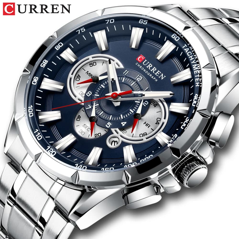 CURREN 8363 Orologio da Uomo Sportivo Casual Cronografo con Cinturino in Acciaio Inossidabile, Quadrante Grande, Movimento al Quarzo e Lancette Luminose