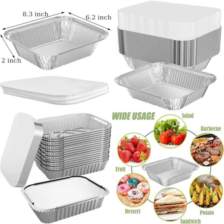 Confezione da 100 Coperchi Monouso in Alluminio 8.3x6.2, Contenitori da 2.25LB per Cucinare, Cuocere al Forno, Catering, Preparazione Pasti, Asporto