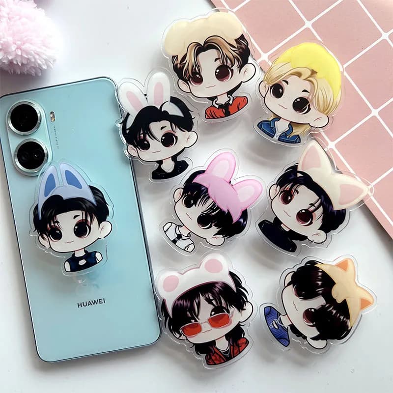 STRAY KIDS Supporto per telefono in acrilico per cartoni animati Supporto pieghevole ed allungabile, supporto per telefono anime in acrilico trasparente carino SKZOO
