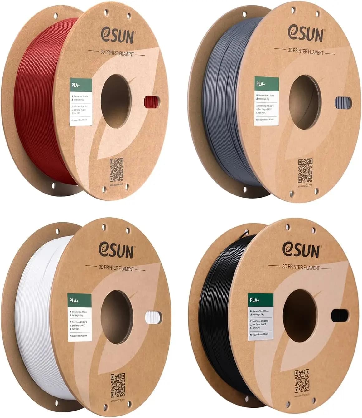 Filamento PLA Plus 1.75mm Confezione da 4, Rosso Pompiere+Grigio+Bianco Freddo+Nero, 1kg Ciascuno, Precisione +/-0.03mm