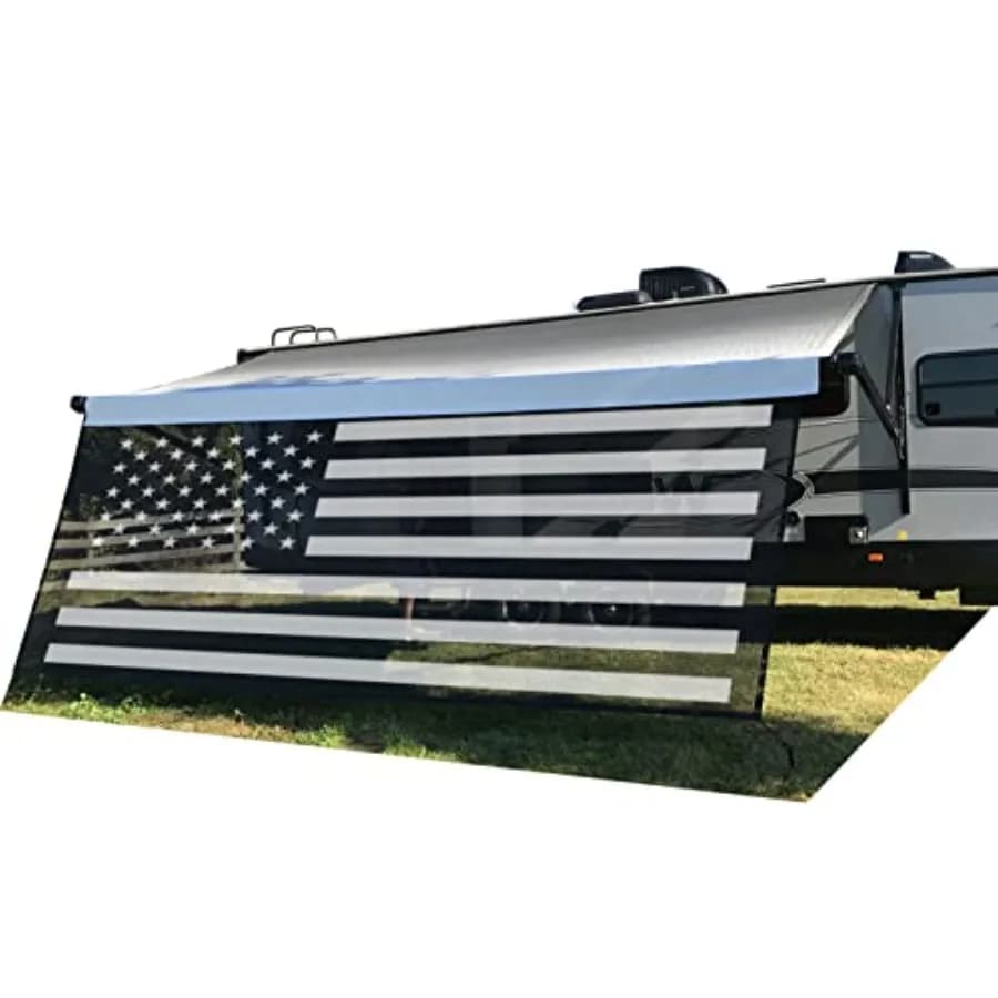 Schermo Parasole in Rete Nera 8' X 15' 3'' per Tenda da Sole RV, Camper, Roulotte, Protezione UV con Design Bandiera Americana Completo