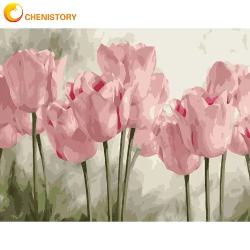 CHENISTORY Diy 40x50cm Paintings By Number Pink Tulips With Frame Oil Painting Flower Kits Acrylic Paint Home Wall Decor