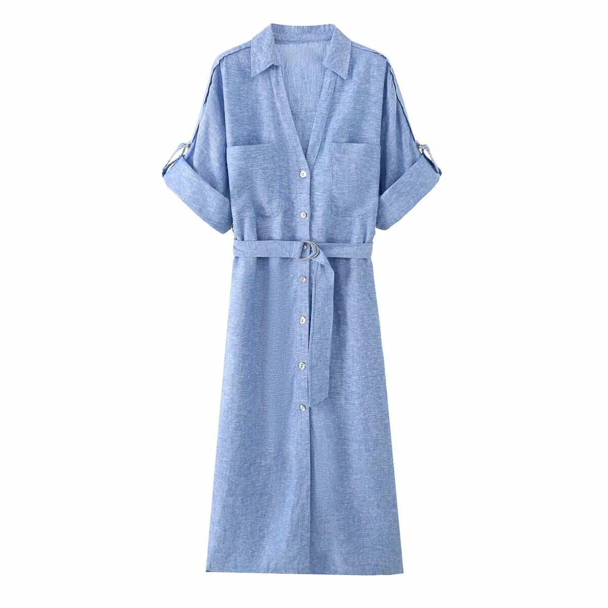 Women's Long Sleeved Linen Dress with Ripple and Belt, European and American style, New Collection Spring/Summer 2026