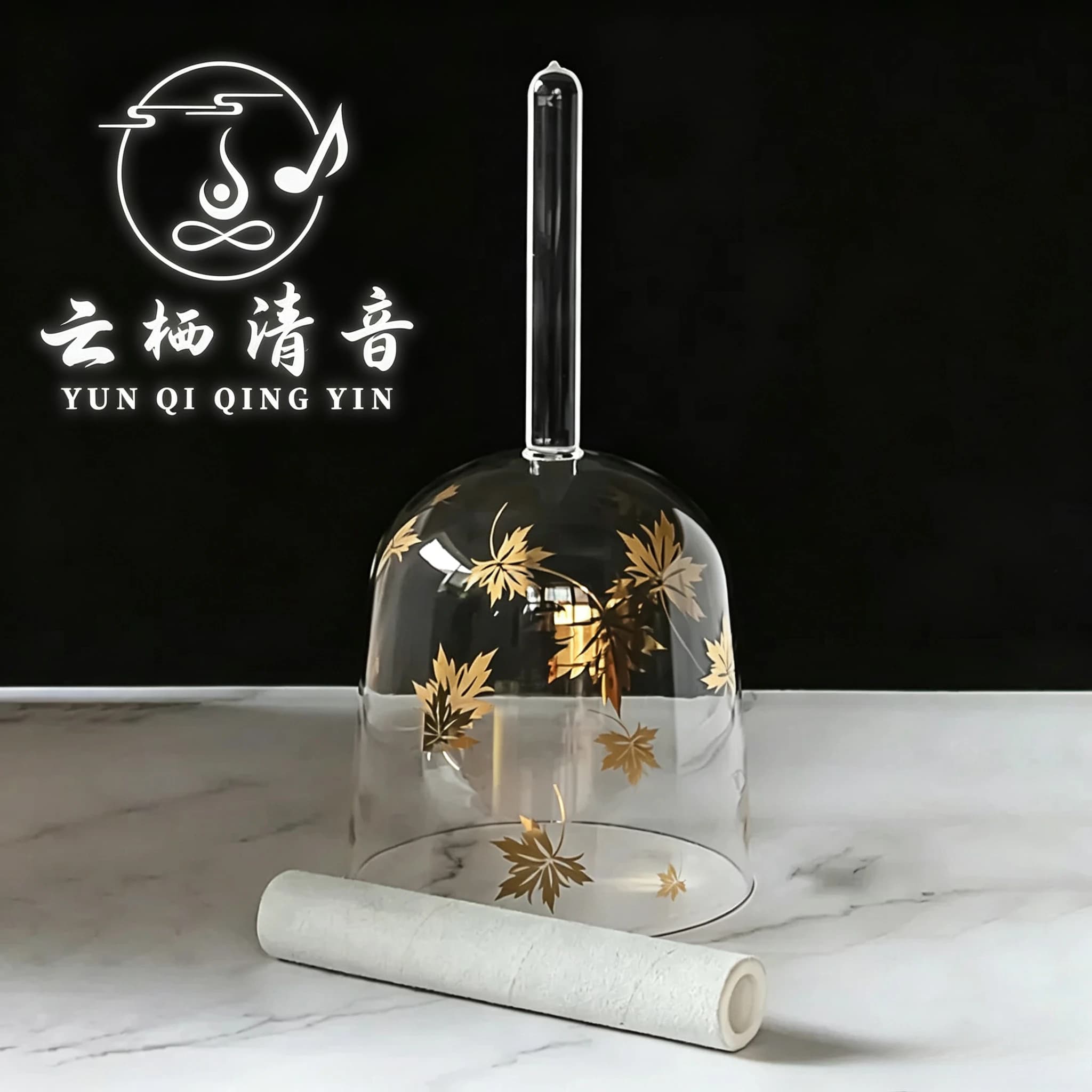 YUN QI QING YIN Tibetan Style Transparent Gold-Plated Maple Leaf Handheld Crystal Singing Bowl Sound Bath Therapy Chakra Energy Healing Yoga Meditation Bowl