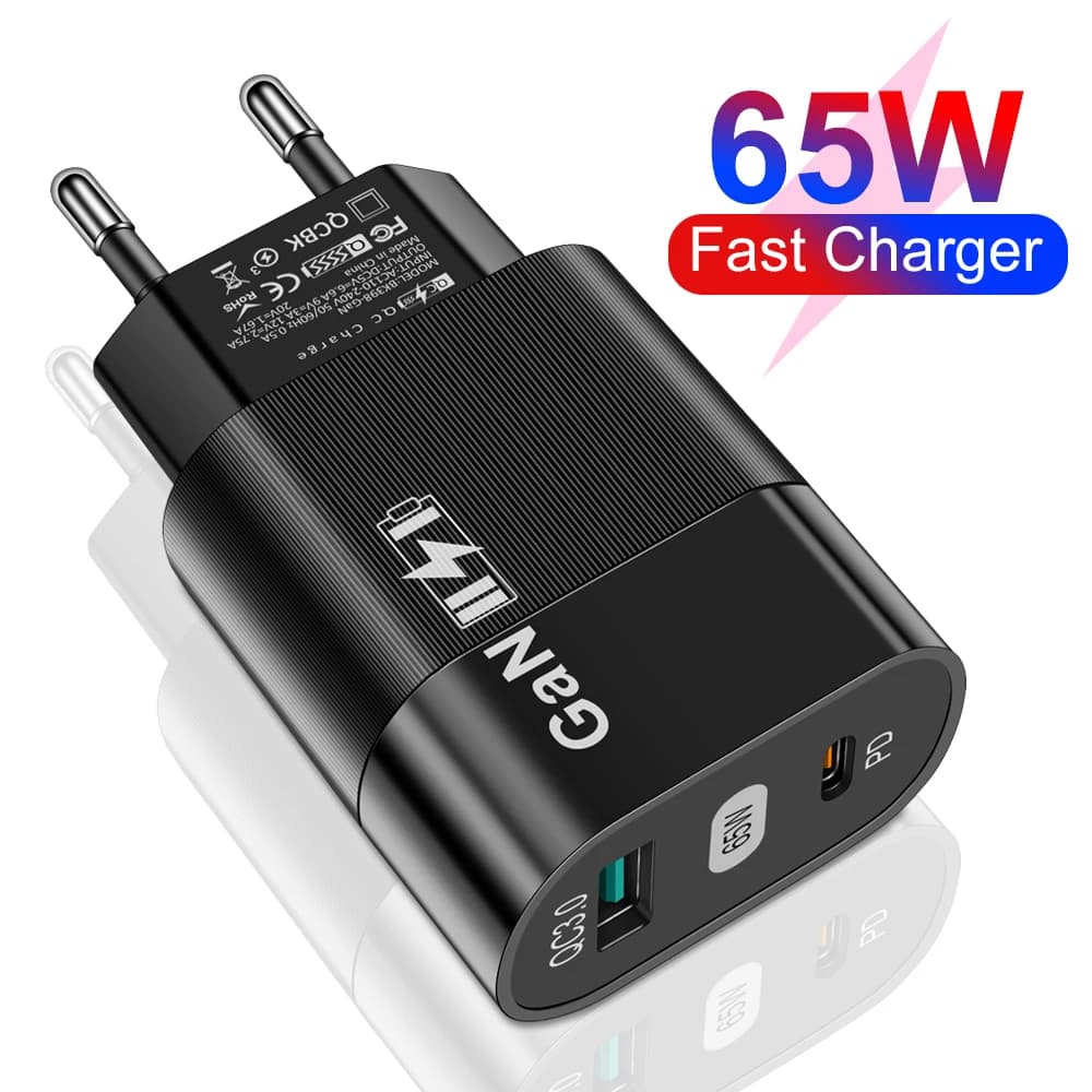 Caricatore USB GaN da 65W con PD Type-C, ricarica rapida per cellulari iPhone, Samsung, Xiaomi, Huawei, adattatore da viaggio con spina EU/US/KR