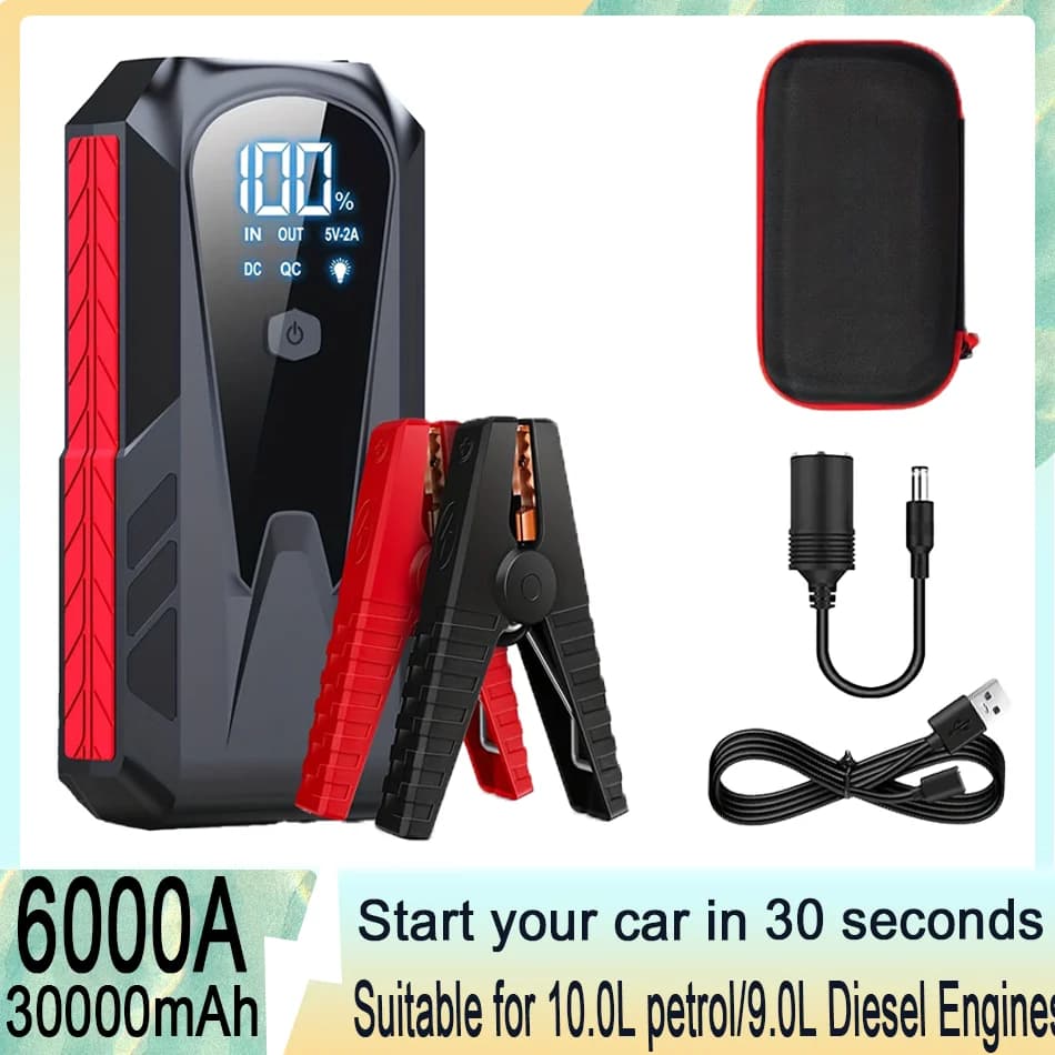 Avviatore di emergenza per auto di picco da 30000 mAh 6000 A per motori diesel da 10,0 litri a gas/9,0 litri - con display LCD, doppio USB compatibile e PORTA 12 V CC