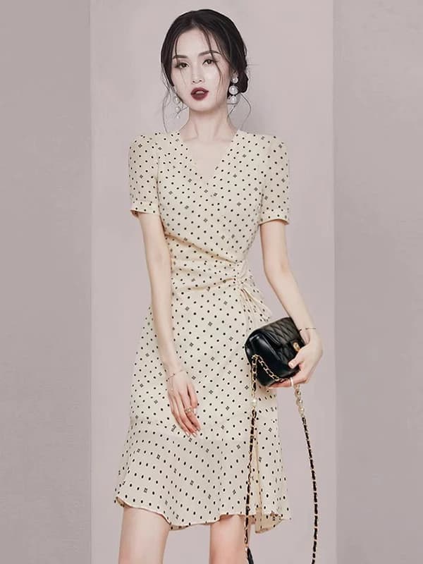 Polka Dot Chiffon Dress Women's Summer New Waist Cinching Slimming Small Size Elegant Midi Skirt Korean Style Commute