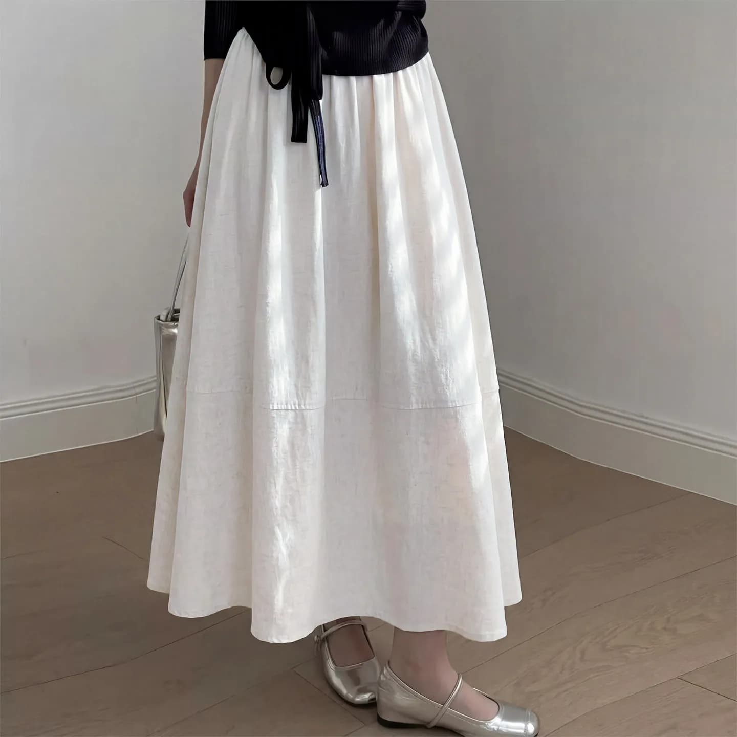 Gonna midi a trapezio in lino bianco da donna, a vita alta, che nasconde i fianchi, nuova collezione estiva, taglie forti, ampia e fluida, stile casual