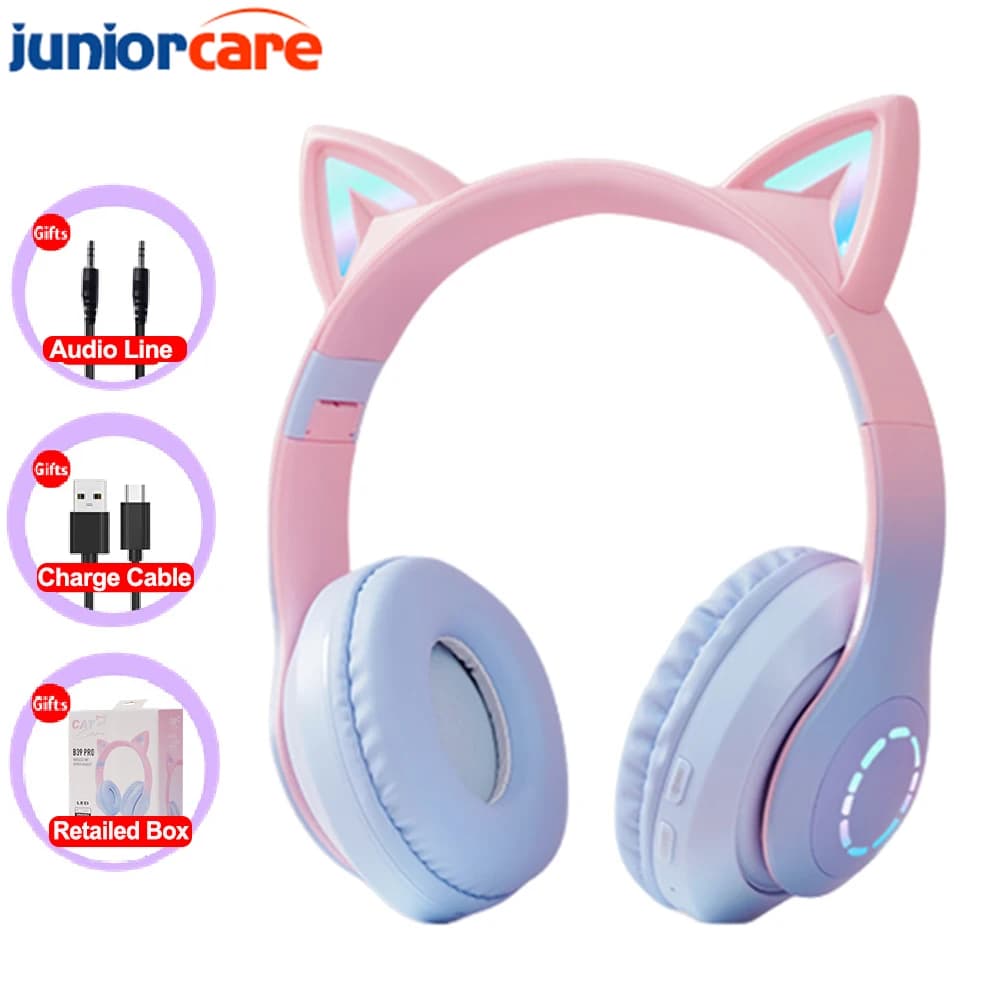 New Wireless Gaming Headphones with Microphone, LED Lights, Cat Eyelets, Bluetooth, Stereo, for Phone, Ideal Gift