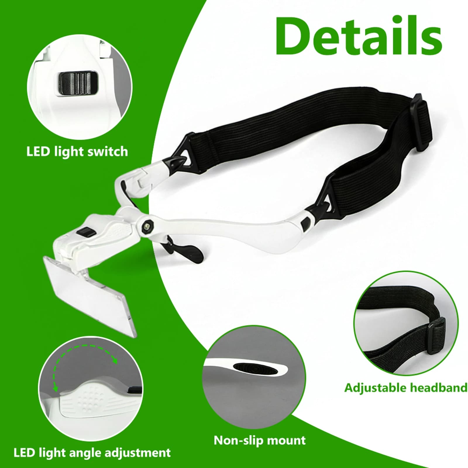 Lente d'ingrandimento a LED da testa con 2 luci LED, occhiali ingrandenti a mani libere con fascia per la testa, lente d'ingrandimento da montare sulla testa per riparazione orologi e lettura