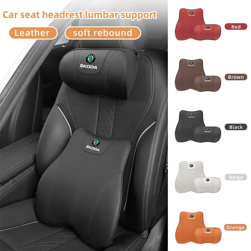 Car Seat Headrest Leather Neck Pillow Lumbar Support Accessories For Skoda Octavia Rapid Kodiaq Superb Derivative Karoq Fabia Ka