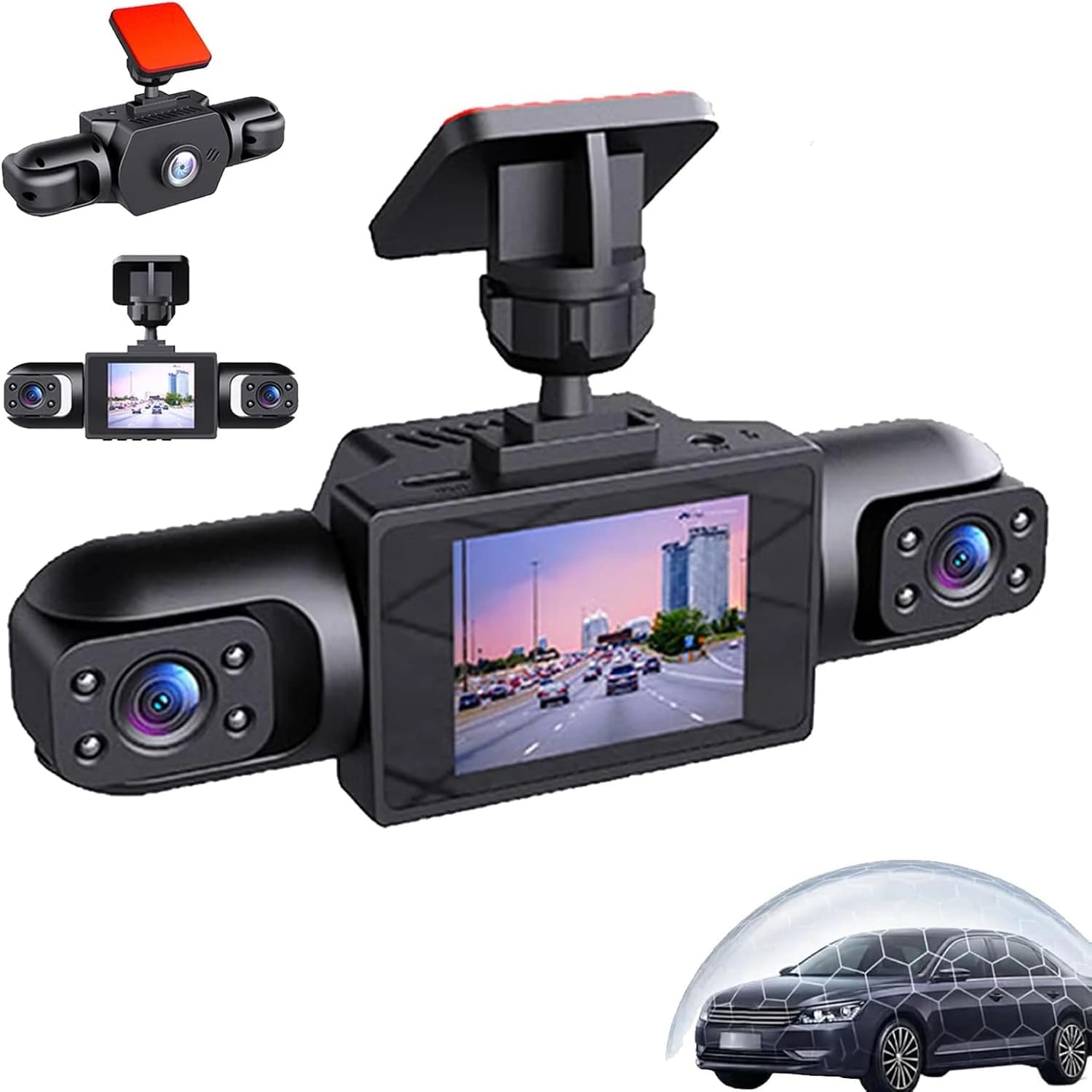 Dash Cam Panoramica a 360 Gradi 1080P con 4 Obiettivi, Schermo da 2 Pollici, Rilevamento Collisioni e Monitoraggio del Movimento, Registratore Video per il Mercato Internazionale