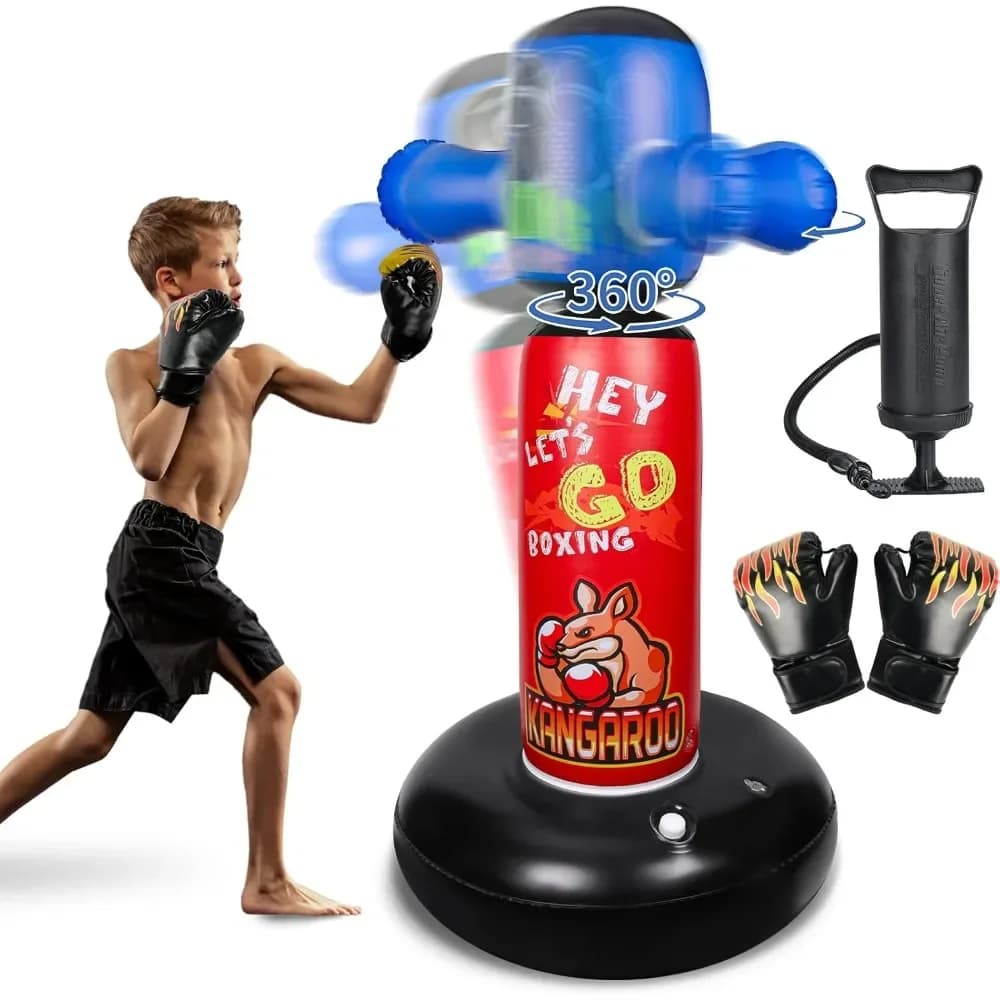 Sacco da Boxe Girevole a 360° per Bambini, Set da Boxe Gonfiabile da 63 Pollici con Guanti e Pompa, Giocattolo Autoportante per Bambini dai 5 ai 12 Anni