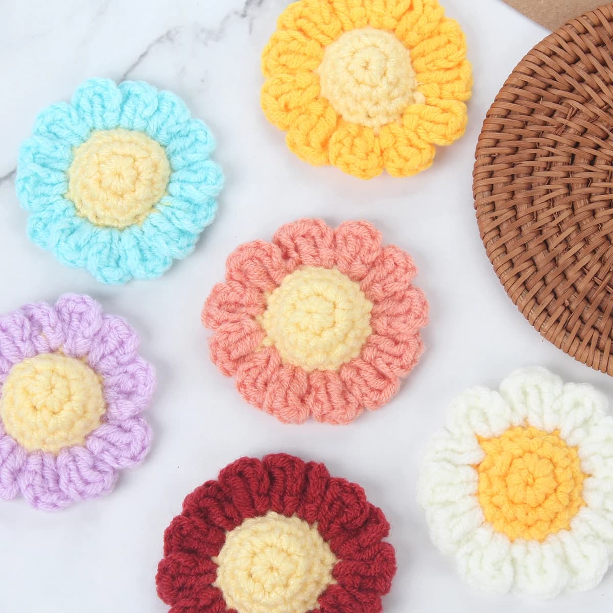 20 pcs Colorfull Handmade Cotton Crochet Flowers 3D Craft Kitted Fabric Applique Clothes Decoration DIY Quilt Scrapbooking DIY