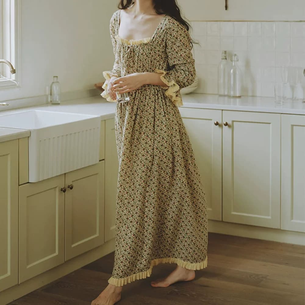 2026 new women vintage retro nightwear nightgown square-neck floral home sleeping dress pajamas long sleeve loungewear gown robe