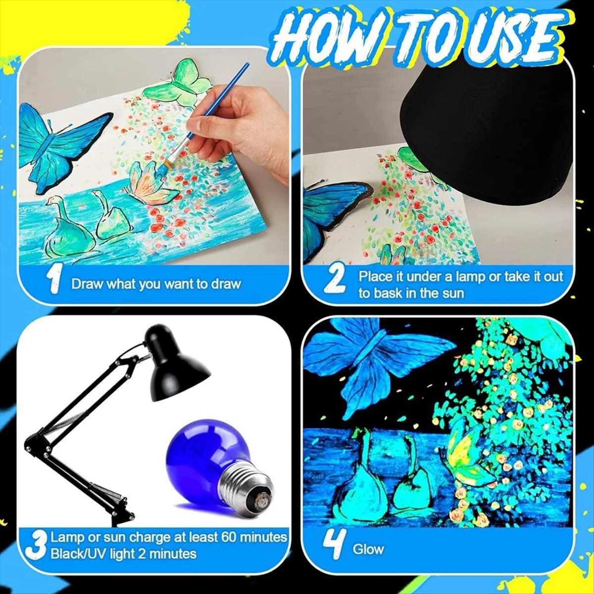 A72P 6 Set Glow in the Dark Paint with Paint Brushes 6.7 x 0.8 x 0.8 Inch Bright Colors Acrylic Paints Glow Paint