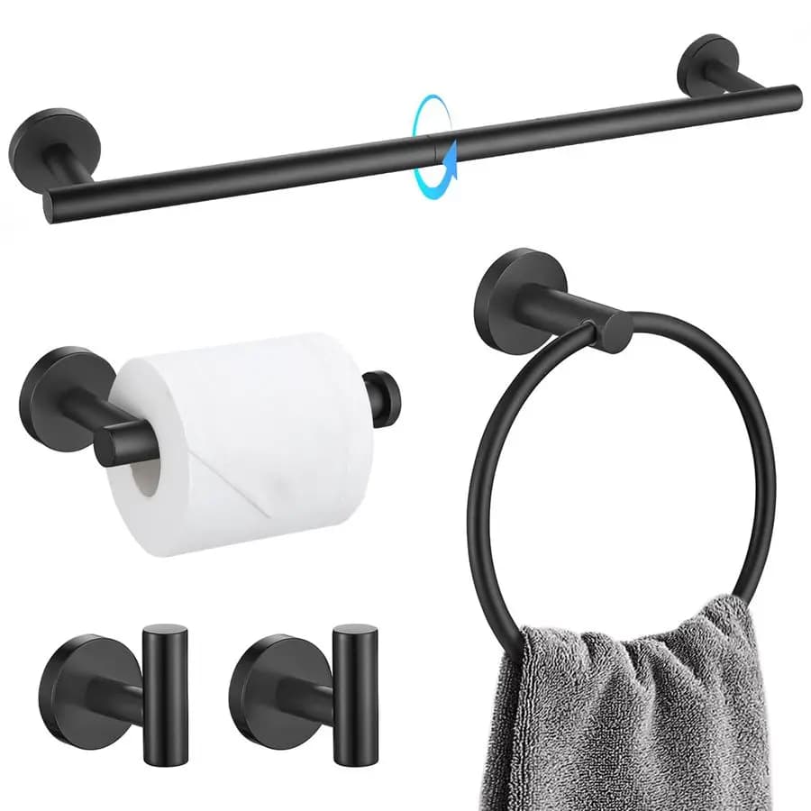 Set di Accessori per Bagno Nero Opaco 5 Pezzi, Set Portasciugamani in Acciaio Inox SUS304, Set Portasciugamani Rotondo da Parete