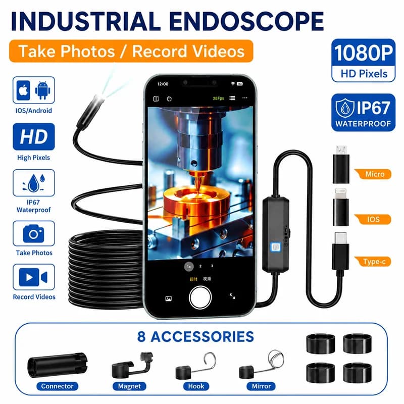 8mm Borescope Endoscope Camera 3‑in‑1 Waterproof LED Inspection Camera for iOS Android Type‑C Sewer Industrial Inspection Tool