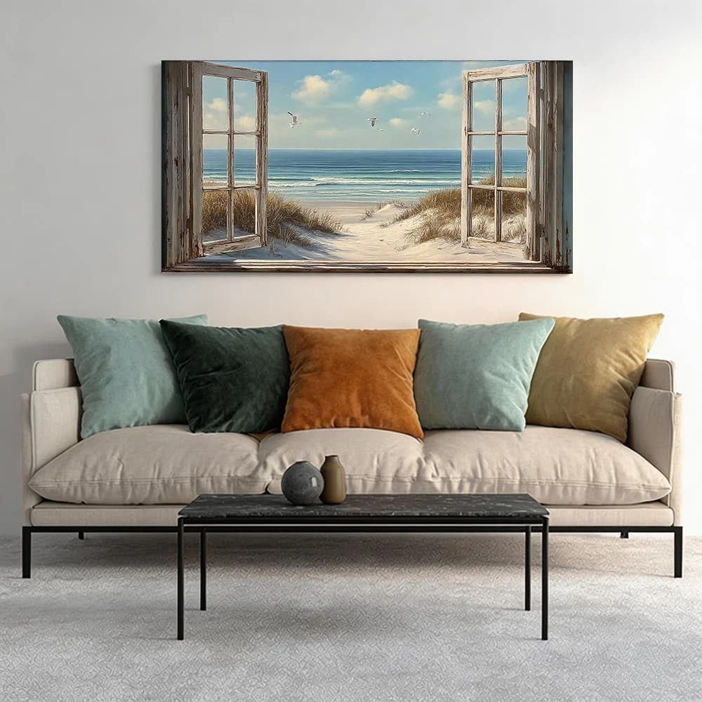 Painted on canvas with large wooden frame, 1 piece. Open windows, sea view.