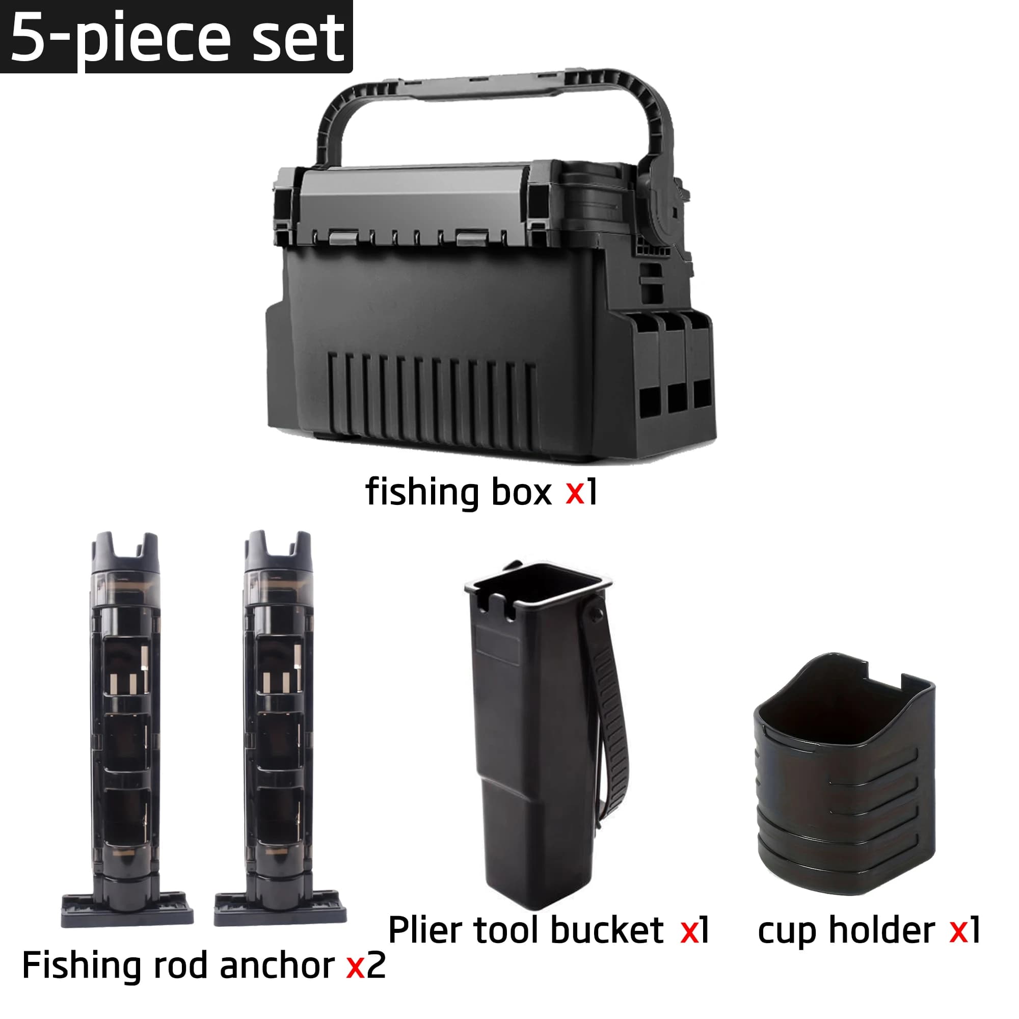 Heavy Duty Fishing Tackle Storage Box 5Pcs Set, Removable Fishing Rod Holders & Accessory Containers for Freshwater Fishing