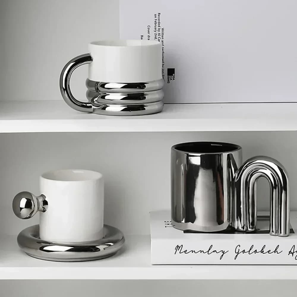 Livetai Stylish Silver Ceramic Coffee Mug Set, Elegant & Durable Drinkware Ceramic Cups Gift for Women, Home & Office Use