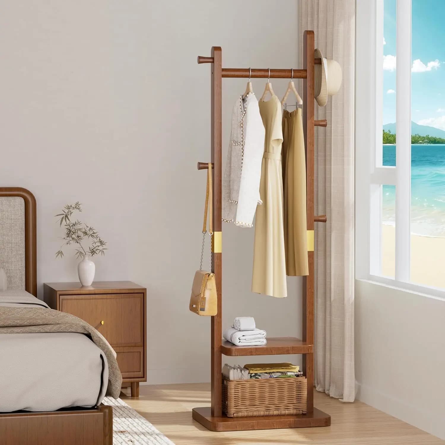 Self-supporting hanger with 2 shelves and 5 hooks, Robusto Porta Abiti in Legno, Stand Clothes rack
