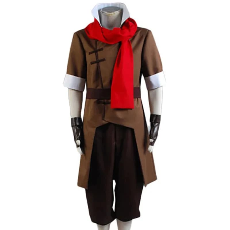 g'7,n\5;e,8\v,5/Anime Avatar:The Last Airbender Mako Cosplay Costume Brown Jacket Black Pant Red Scraf Halloween Carnif;4'v.7/n\