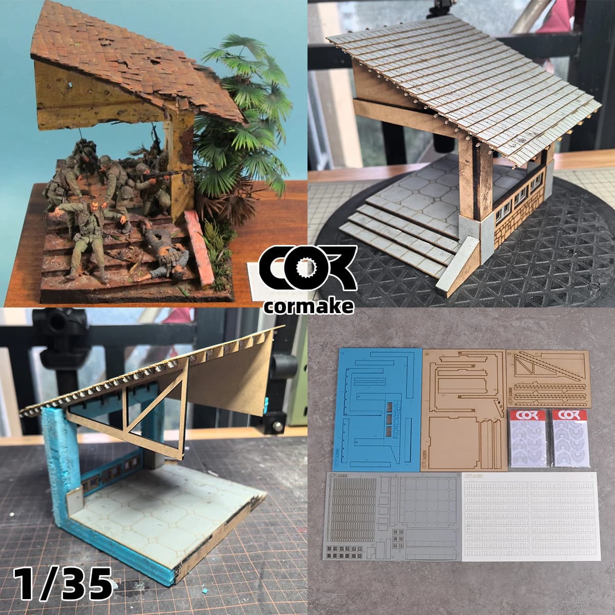 Modello architettonico da assemblare, padiglione per tavolo di sabbia, casa rurale, con palme, diorama, kit modello in scala 1/32 1/35