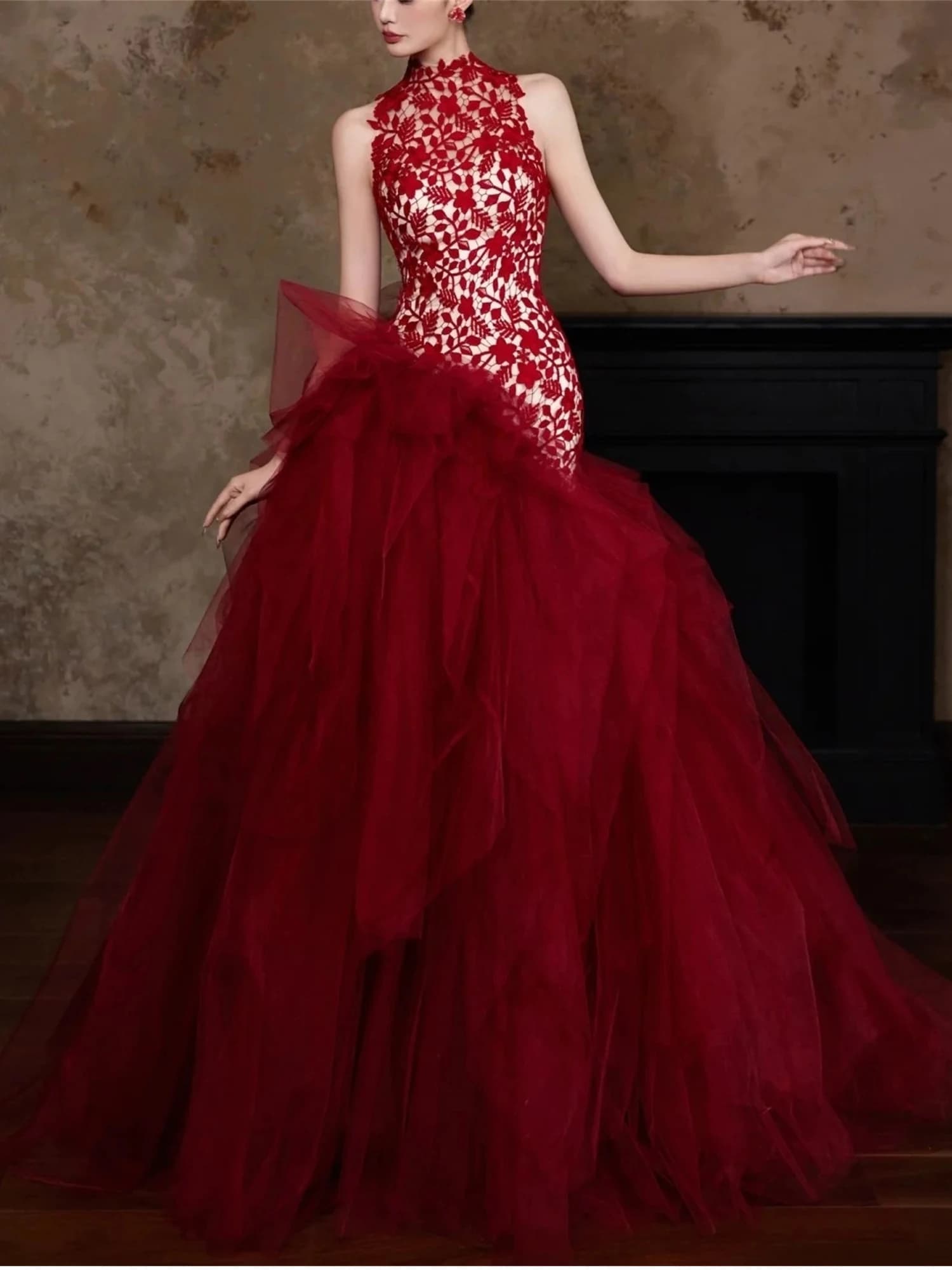 Abito da Sposa Rosso 2026 Nuovo Stile in Pizzo a Coda di Pesce per Donna, Elegante Abito da Sera Lungo con Cerniera Posteriore a Vita Media per Feste