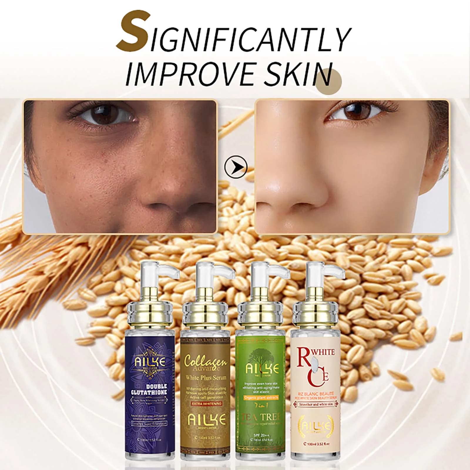 AILKE Hydrating and brightening serum for dark spots, thin lines and wrinkles, with collagen, glutathione, for face and body use