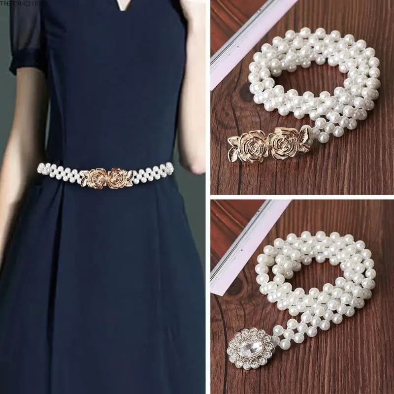 Cintura con Perle Elegante e Semplice, Catena in Vita con Strass, Cintura Elastica Sottile con Perle alla Moda per Signore [S14]