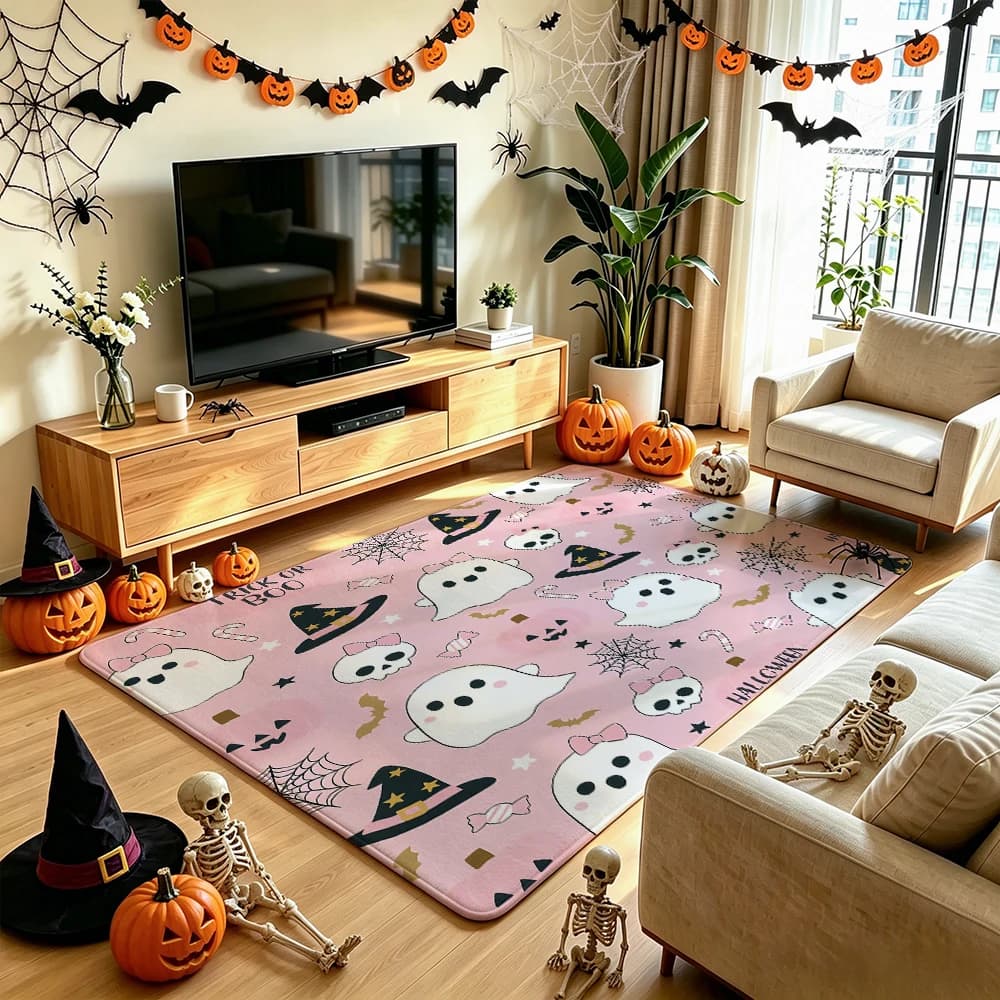 Halloween Cute Ghost Doormat Pink Non-slip Washable Entrance Rug Indoor Outdoor Home Decor Floor Mat