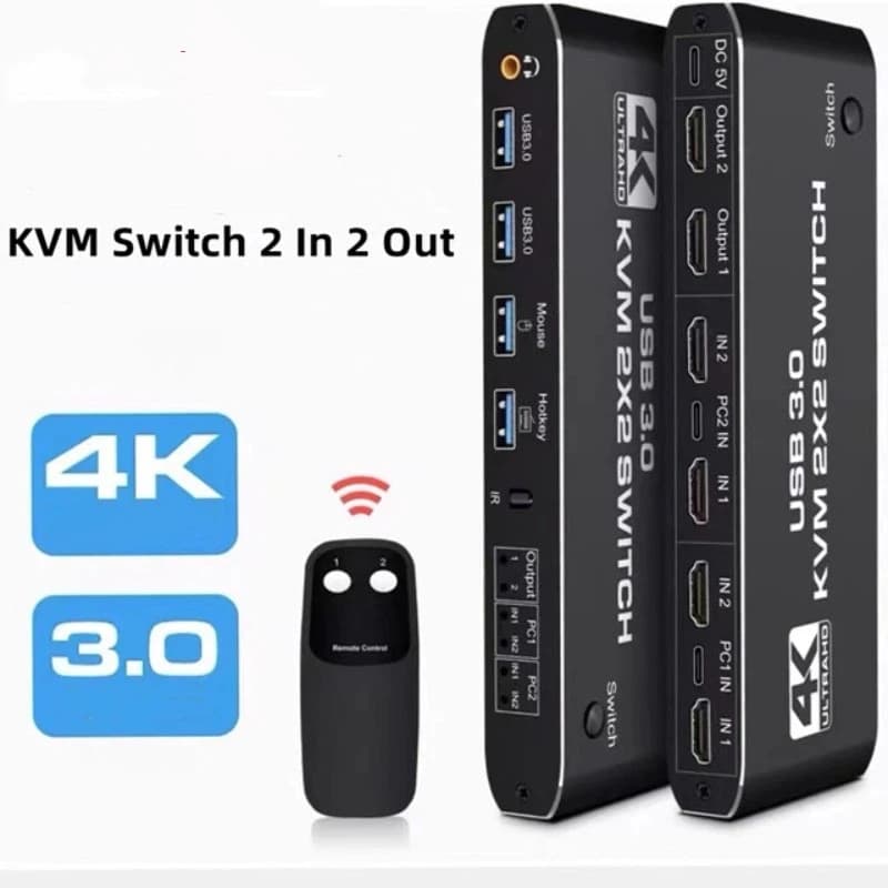 2x2 Dual Monitor HDMI KVM Switch HDMI2.0b 4K@60Hz HDCP2.2 USB3.0 Aluminum Alloy 2 Computers Share 2 Monitors Keyboard Switcher