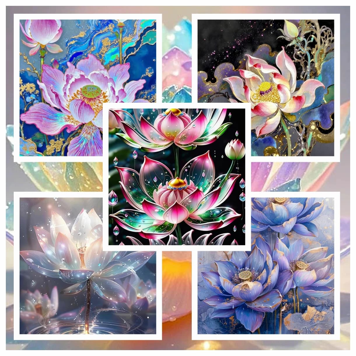 Full Drill Diamond Rhinestone Printing Fantasy Multi-color Lotus Pattern Cross Stitch Kits Embroidery Picture Mosaic Home Decor
