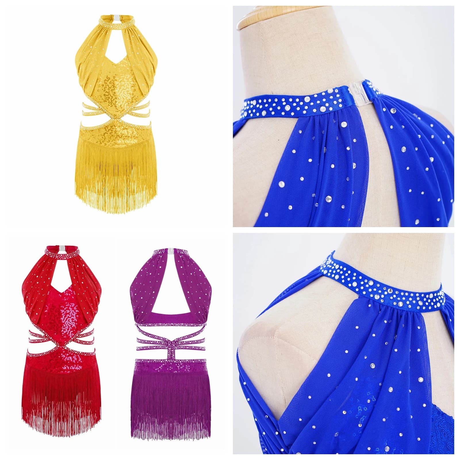 Vestito da ballo latino per bambine: Samba, Salsa, Jazz, Tango - Abito senza maniche con inserti in rete, cut-out, nappe e paillettes - Body da Cha-cha