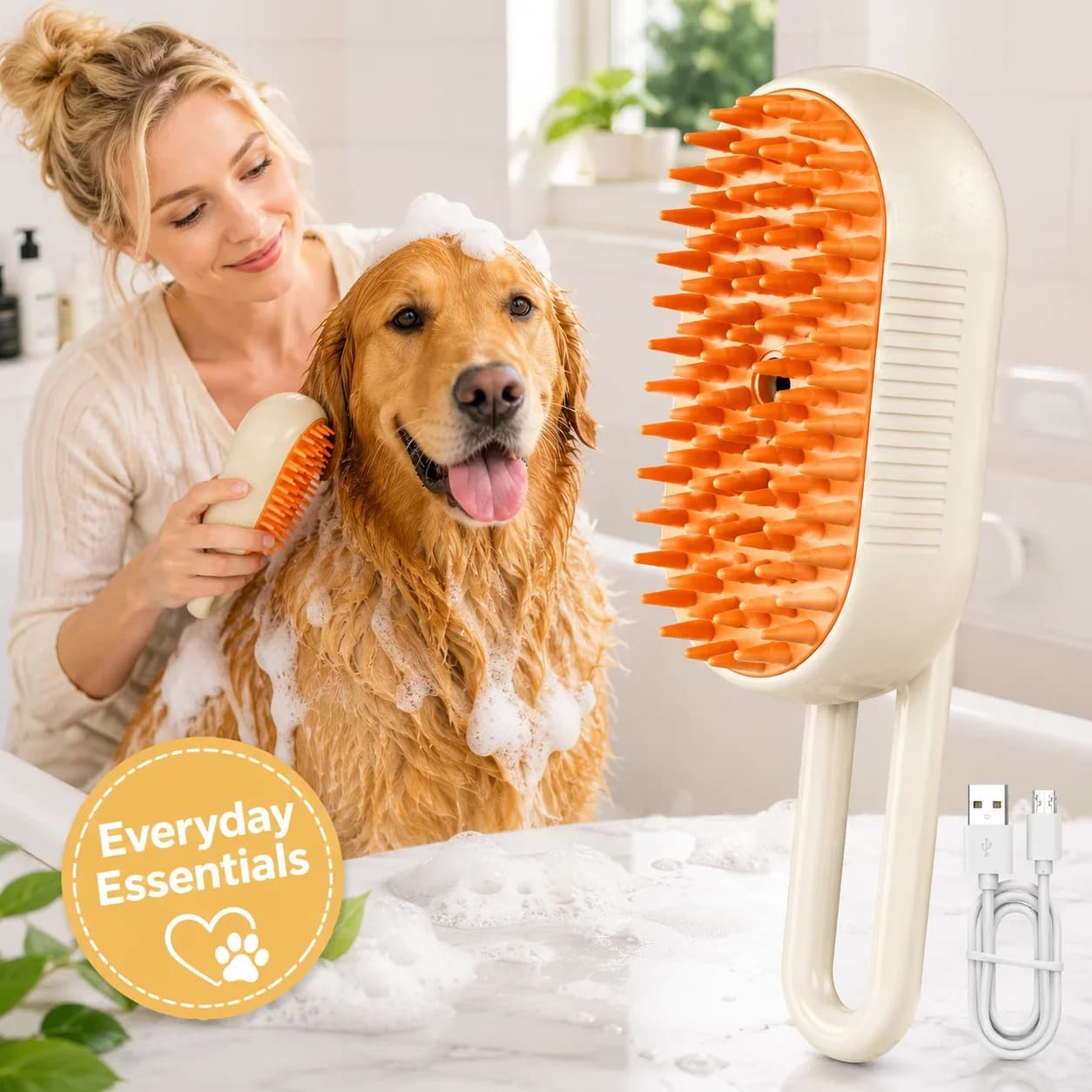 Pet Steam Grooming Brush for Cats and Dogs, Rechargeable Hair Removal Comb with Soft Bristles for Massage Cleaning and Shedding Care