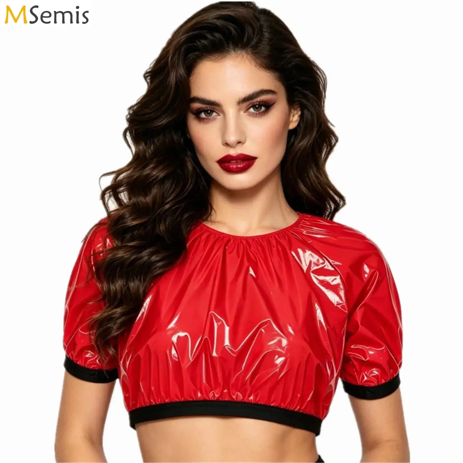 T-shirt da donna a maniche corte in vinile, costume da bagno impermeabile con finiture lucide, top corto da nuoto, abbigliamento per rave e clubwear, abbigliamento per esigenze speciali