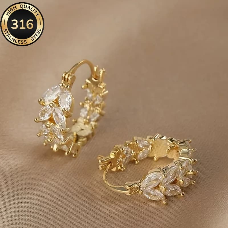 1 paio di orecchini a cerchio in acciaio inossidabile 316 con spigoli a forma di spiga di grano, intarsiati con zirconi cubici sintetici, eleganti gioielli da donna alla moda