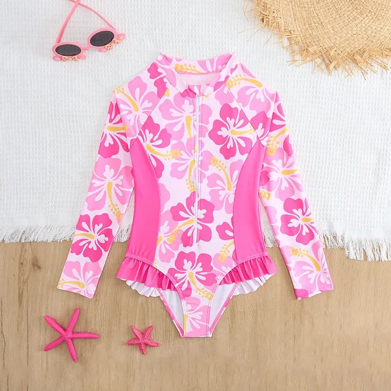 Full Swimsuit for Girls Pink 7-12 Years Swimwear for Kids Teenagers 2025 Floral Swimwear Beachwear Body