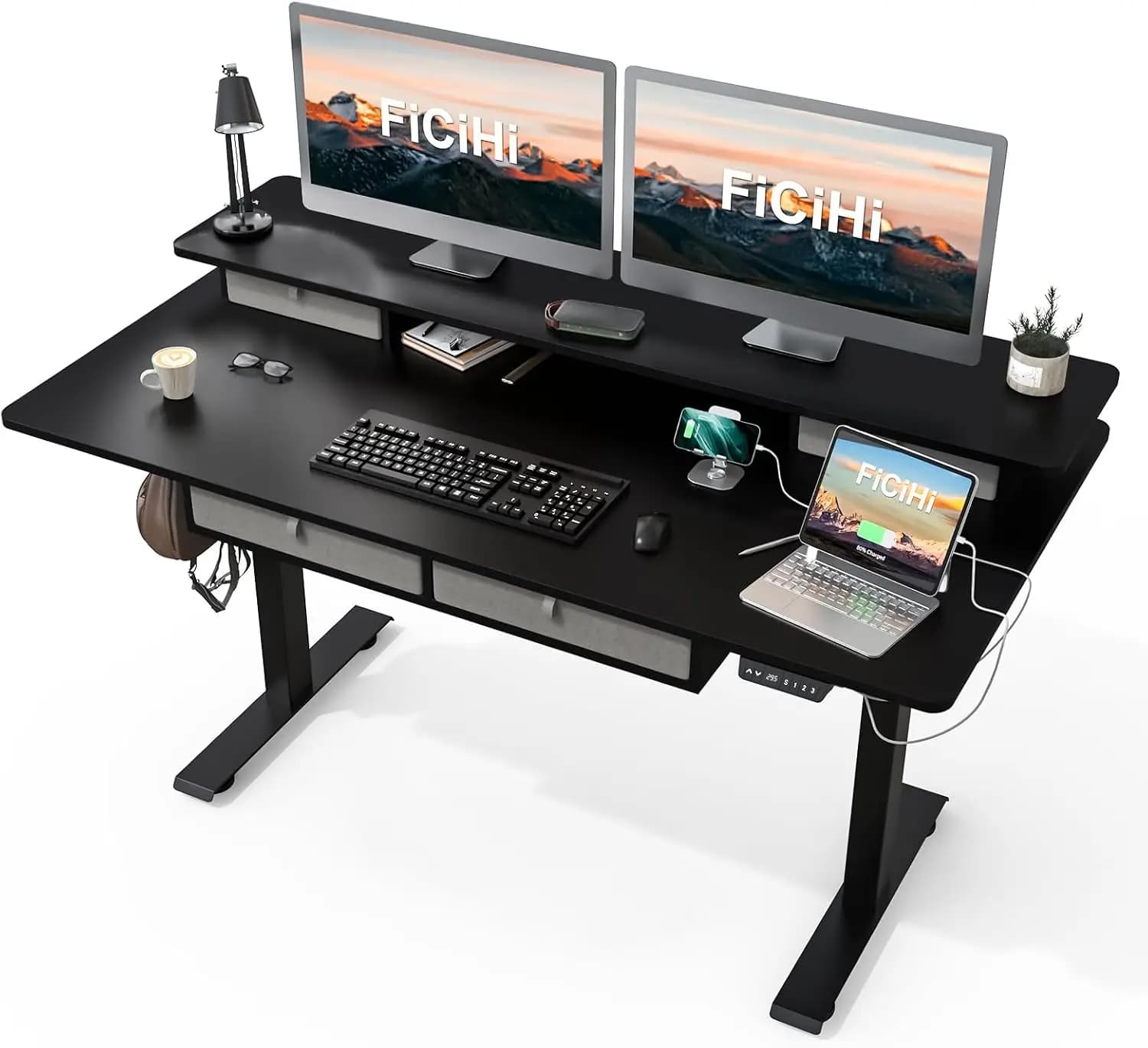 Adjustable Height Standing Desk with 4 Drawers,55 x 30 inches Electric Sit Stand Desk for Home Office,3 Memory Presets,Monitor
