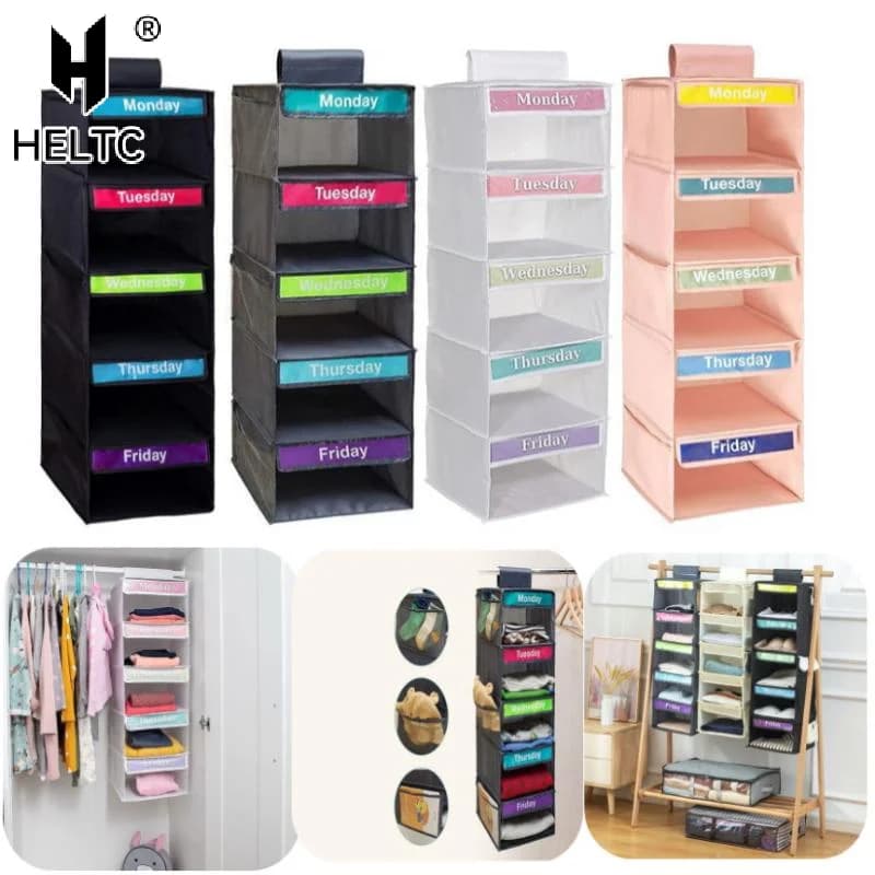 ☸5-Shelf Weekly Clothes Organizer Kids Daily Shelf Hanging Closet Organizer Days Of The Week Hanging Storage Shelves For Kids