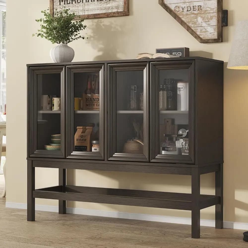 Grande Mobile Bar per Cucina con Ante in Vetro, Vano Portaoggetti, Credenza Moderna per Sala da Pranzo e Soggiorno