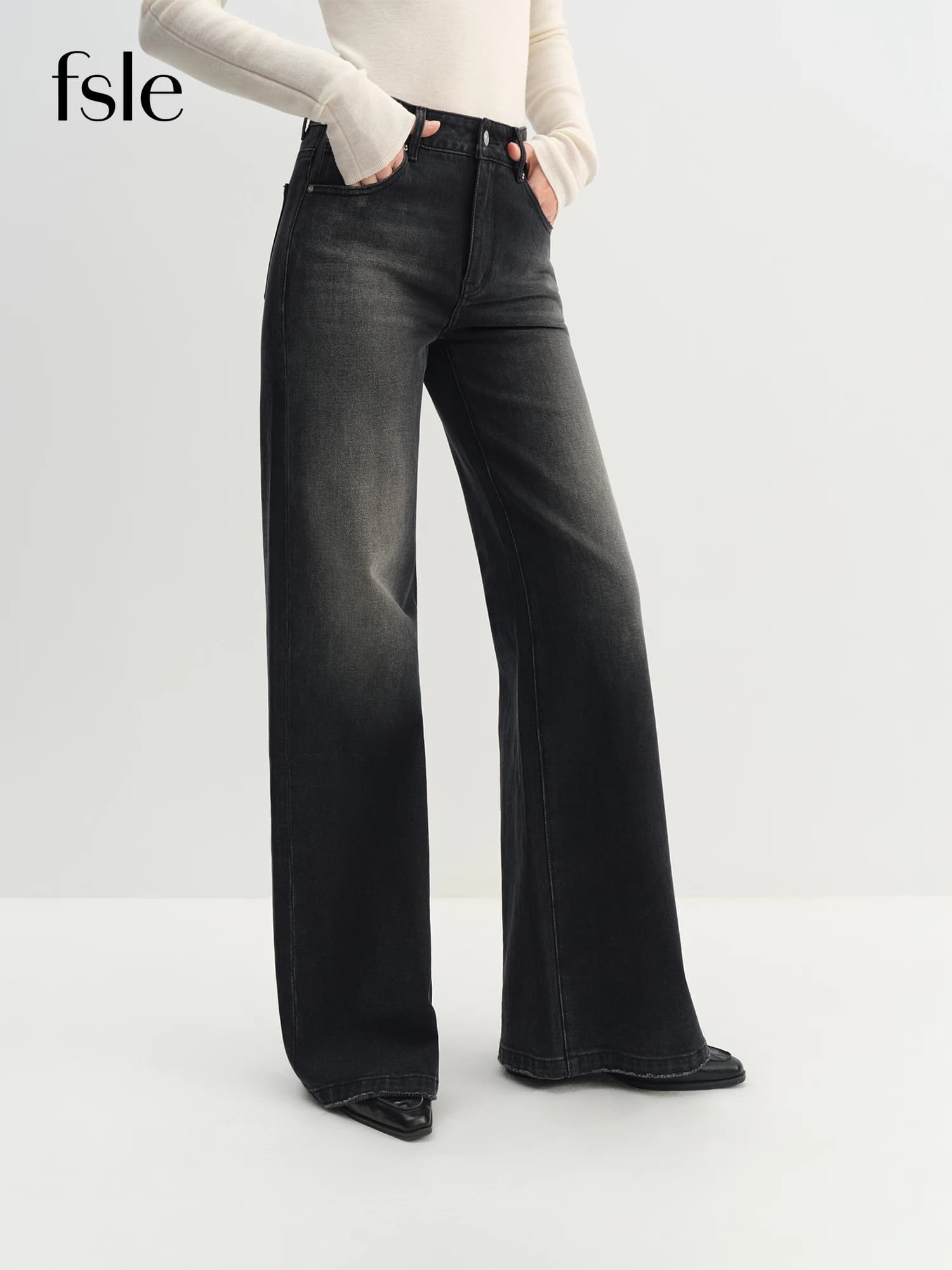 FSLE American Retro High Street Jeans svasati a gamba larga per le donne Inverno 2025 Nuovi pantaloni neri Pendolarismo all-match Ragazze calde