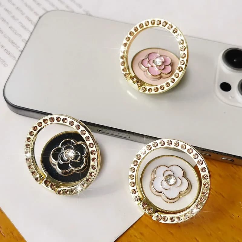 Supporto per anello da dito Diamond Camellia, elegante supporto per cellulare da donna, per iPhone, per Samsung, supporto universale da tavolo